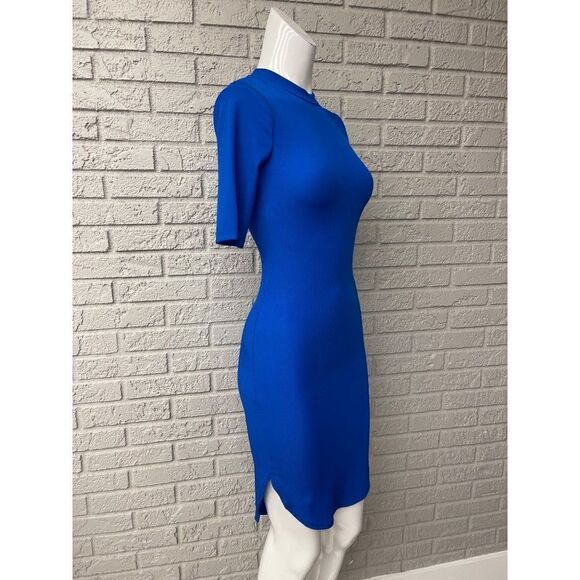 A’Gaci Blue Ribbed High Neck Hi-Low Bodycon Dress Size S - Picture 4 of 7